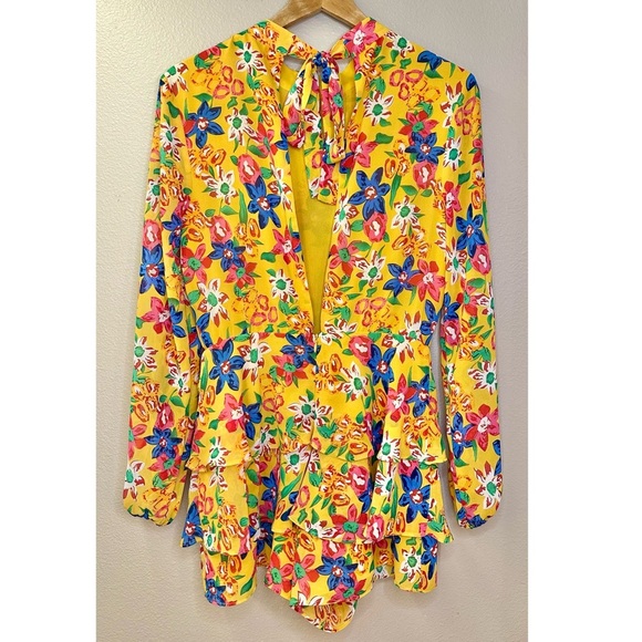 Endless Rose Multicolor Floral Long Sleeve Tie Back Ruffle Romper - Picture 4 of 8